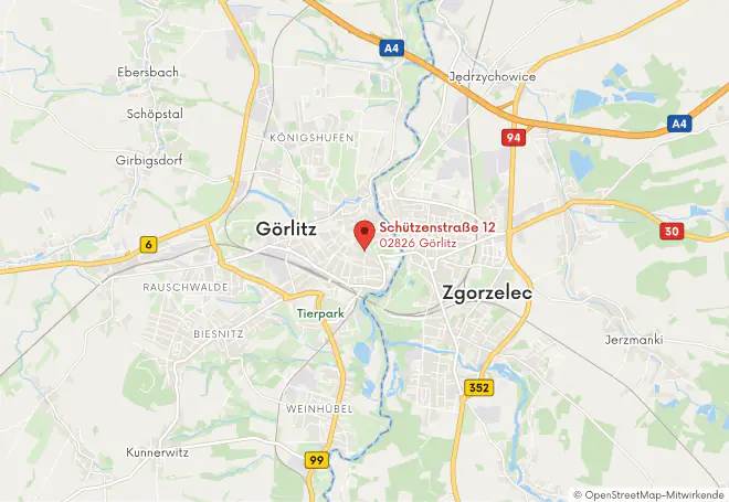 Karte mit der Lage der Ferienwohnungen in der Schützenstraße, Görlitz